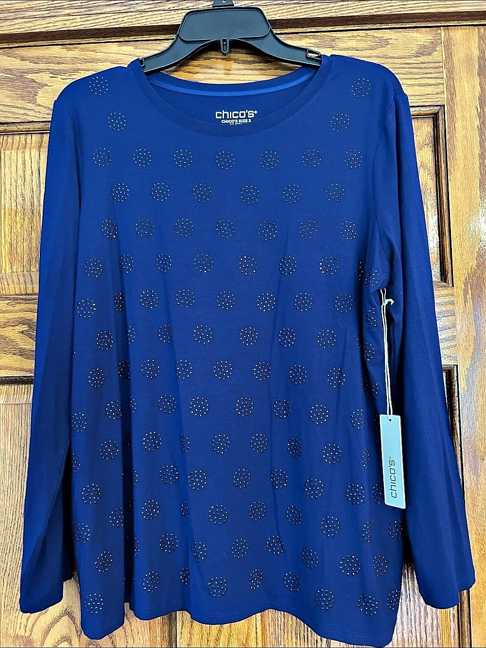 Chico's Touch of Cool Embellished Top Embellished Long Sleeve Top in Blue NWT